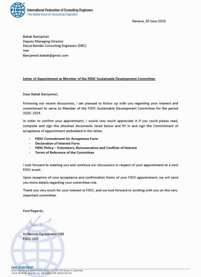 دعوتنامه مورخ 10 تیر ماه 1399 (30 ژوئن 2020) مدیر عامل فدراسیون بین المللی مهندسان مشاور (FIDIC) جهت پذیرش یک کرسی در کمیته توسعه پایدار FIDIC از جناب آقای دکتر بابک بنی جمالی