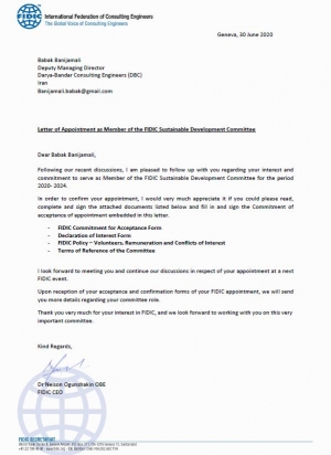 Letter of Appointment as a Member of the FIDIC Sustainable Development Committee to Dr. Babak Bani-Jamali, dated on 30 June 2020 signed by FIDIC CEO