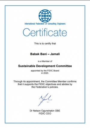 The Certificate issued by FIDIC to certify Dr. Babak Bani-Jamali as a Member of Sustainable Development Committee